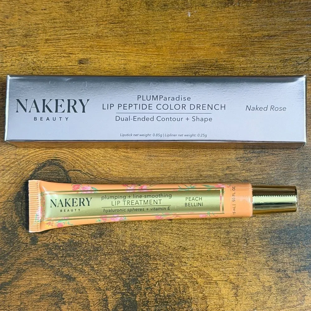 Nakery Beauty Duo: Plumping Lip Treatment + Peptide Liner/Lipstick Combo, NEW